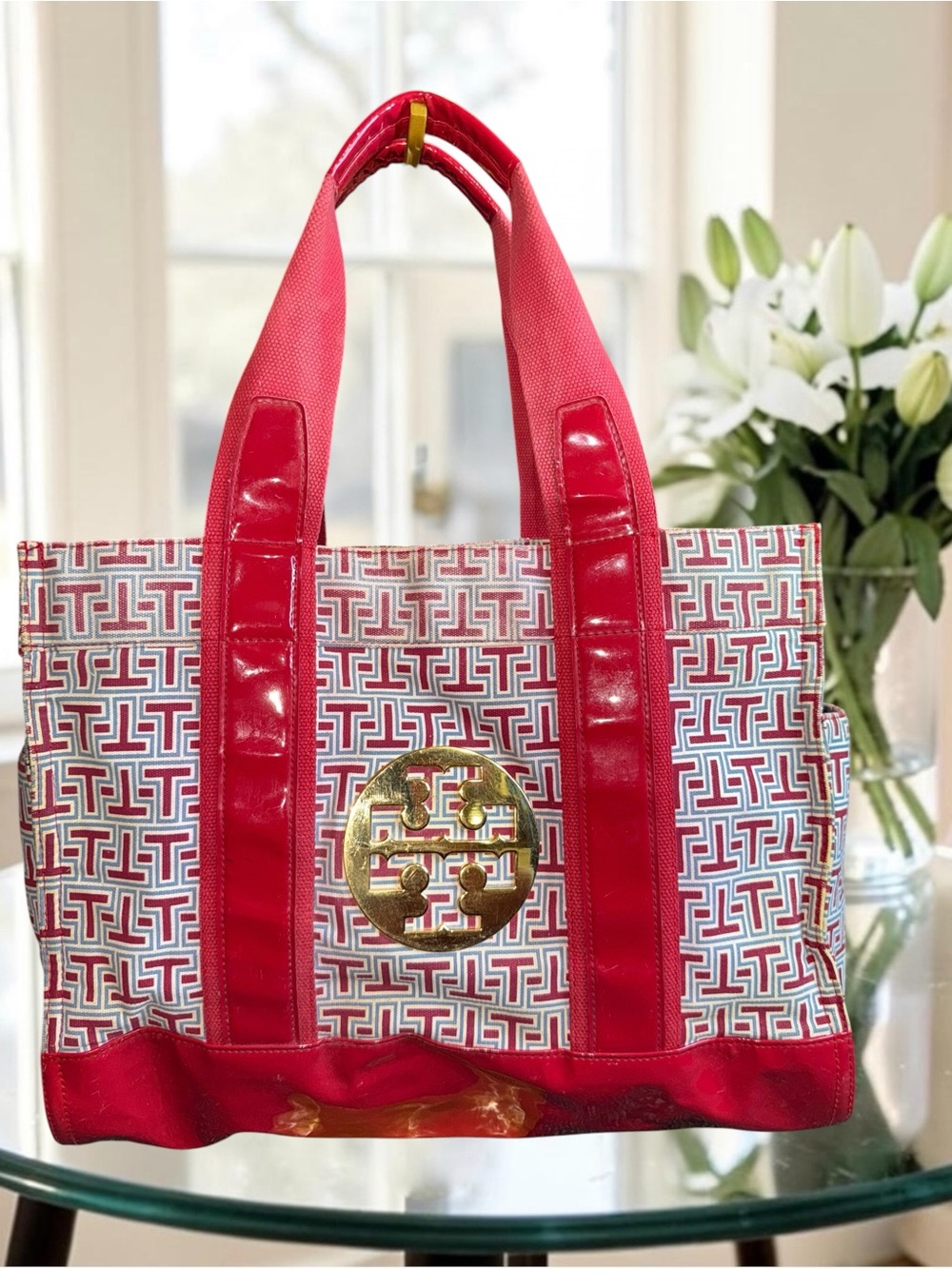 Tory Burch Ella Geometric T Monogram Printed Tote Bag Patent Leather Trim Red